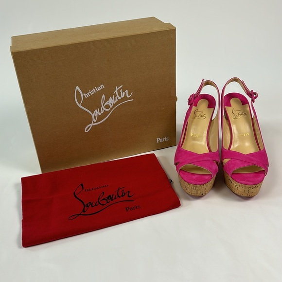 Christian Louboutin Shoes - Christian Louboutin Pink Suede Cork Wedge Sandals